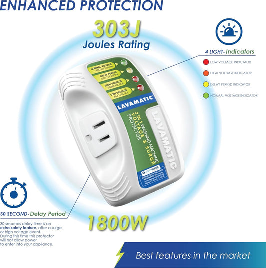 Refrigmatic Two Electronic Voltage & Surge Protector Combo - Protect Refrigerator & Washing Machine Against High & Low Voltage, Brownouts & Spikes - PuriLite