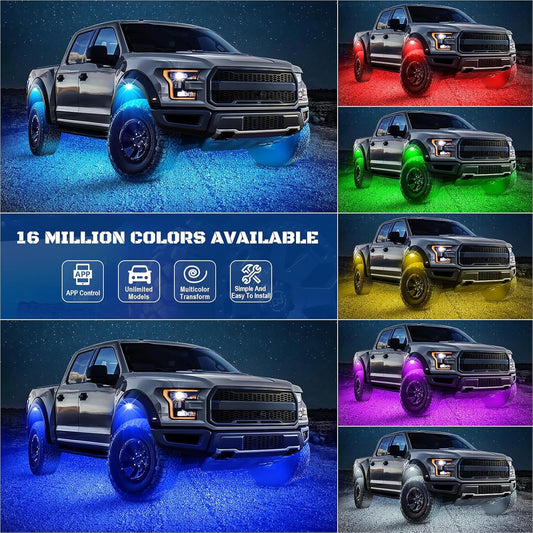 MAODANER 4 Pods RGB LED Rock Lights Kit – App-Controlled Multi-Color Underbody Neon Lights, 175° Beam, Music Mode, Waterproof for Trucks, Cars, ATV, UTV, SUV, Motorhomes - PuriLite