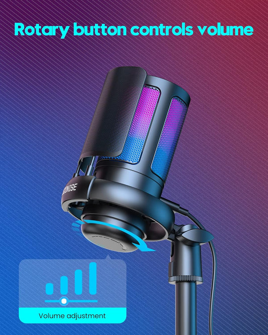 Gaming USB Microphone with RGB Lights, Cardioid Condenser Mic for Streaming, Podcasting, Video Production, PC, PS4/PS5 – Includes Tripod, Pop Filter, Shock Mount, Quick Mute, and Volume Control - PuriLite