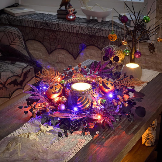 Valery Madelyn Halloween Wreath for Front Door with Lights, 18inch Pre-Lit Jack-o'-Lantern Pumpkin Wreath Halloween Decorations for Centerpiece Window Indoor Party Holiday Wall Home Decor - PuriLite