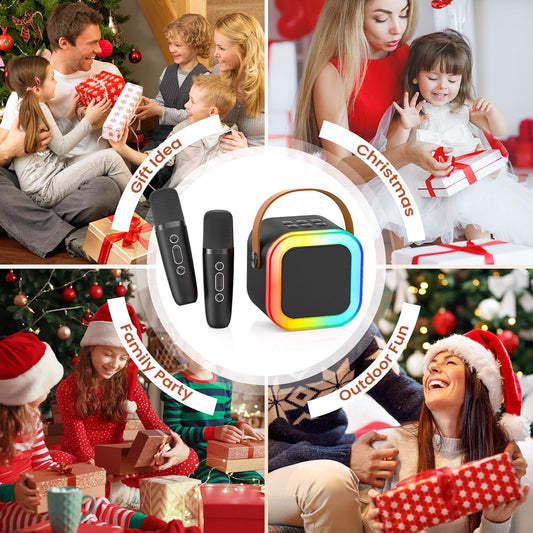 Peski Portable Bluetooth Mini Karaoke Machine for Kids & Adults – Singing Speaker with 2 Wireless Mics, Magic Voice Effects, Disco Lights, Rechargeable Battery, Compatible with Smartphones, USB, TF Card, AUX – Black - PuriLite