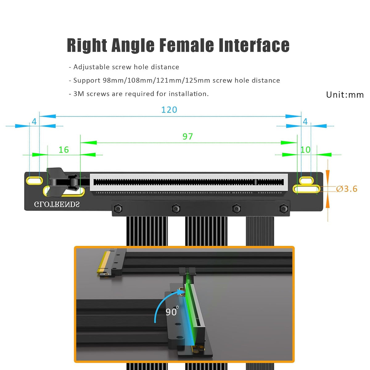 PCIe 5.0 x16 Riser Cable 200mm – 90° Right Angle GPU Extension for RTX 5090 / RTX 4090 / RX 9070 – Vertical GPU Mount Compatible - PuriLite
