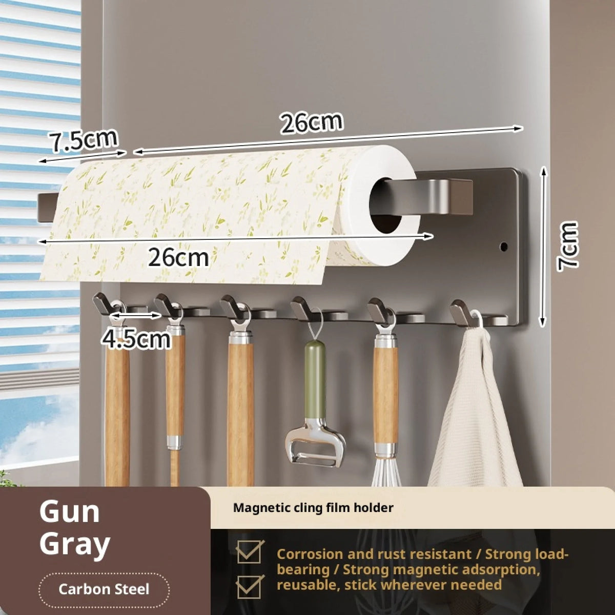 Purilite Select Magnetic Paper Towel Holder with 6 Hooks No Drill Refrigerator Organizer Kitchen Roll Rack for Utensils Towels and Accessories