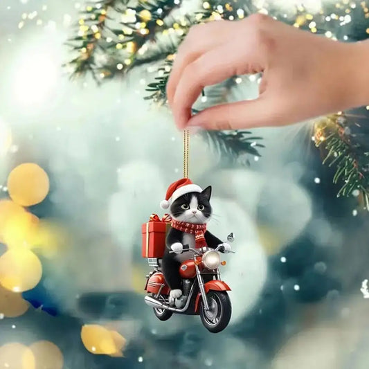 Purilite Select Motorcycle Cat Acrylic Hanging Ornament – Cute 2D Flat Kitten Pendant for Car, Christmas Tree & Home Décor - PuriLite