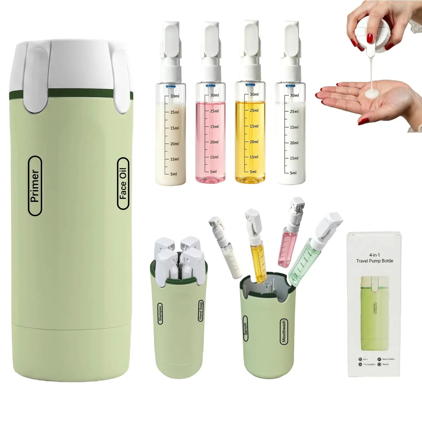 Purilite Select 4-in-1 Travel Dispenser Bottle | Portable Leak-Proof Refillable Travel Bottles for Shampoo, Lotion, Perfume & Toiletries