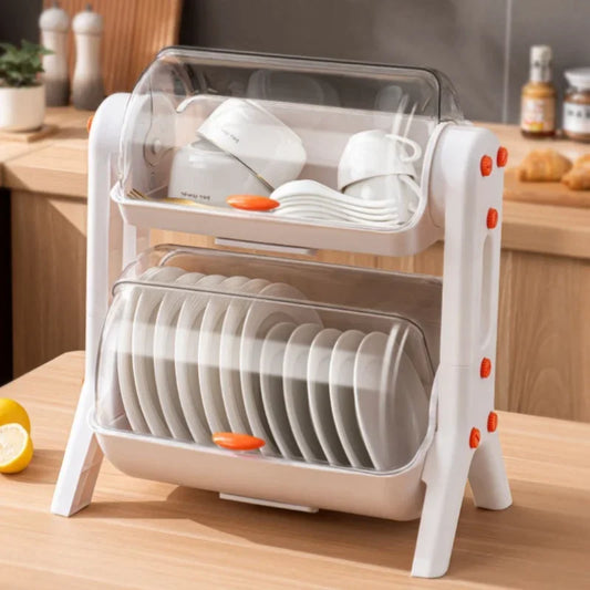 Purilite Select Double-Layer Tableware Storage Rack – Kitchen Bowl and Plate Organizer with Lid, Draining Dish Rack for Household Cupboards - PuriLite
