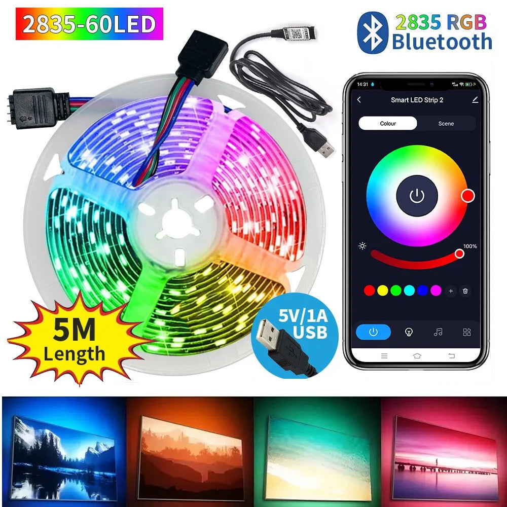 Smart Bluetooth Led Strip Lights RGB 2835 5V USB Smart Life App Controlled for Desktop Screen TV BackLight Flexible Diode Tape - PuriLite
