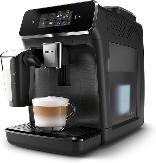 Philips 2300 Series Fully Automatic Espresso Machine - 4 Beverages, Colour touch screen display, LatteGo milk system, SilentBrew, 100% Ceramic Grinder, AquaClean Filter. Matte Black (EP2330/10) - PuriLite