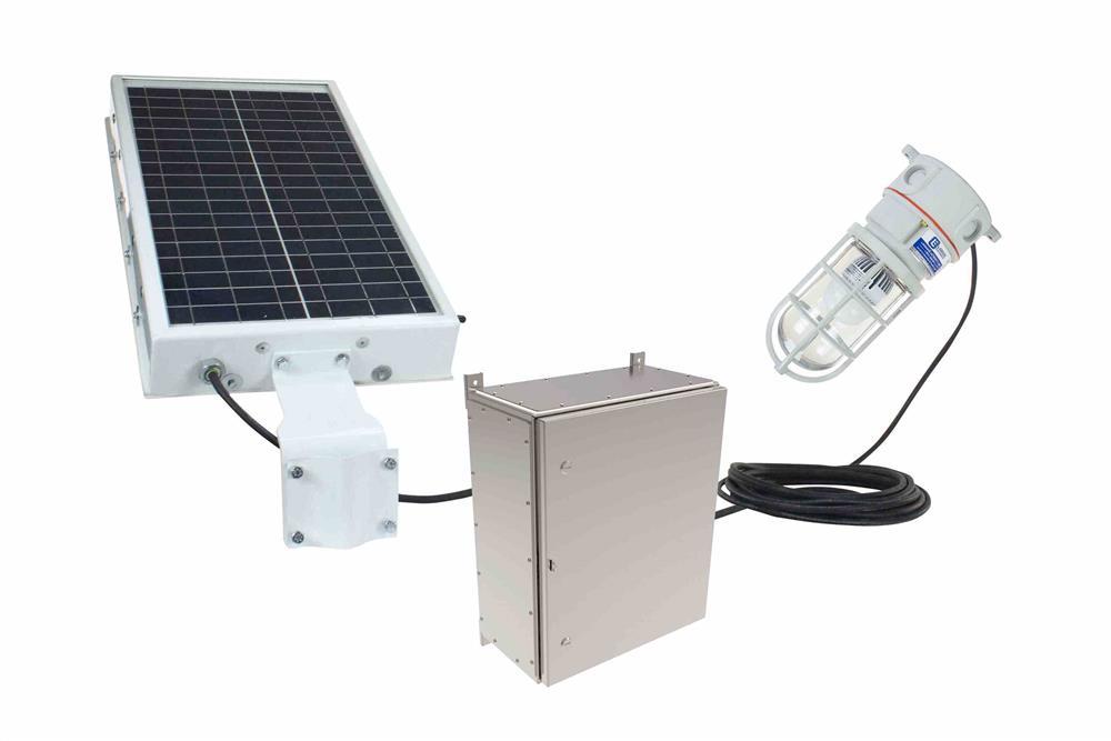 10W Solar Powered LED Hazardous Location Light - C1D2 30W Panel - C1D2 SS N4X Control Box - 80' Cord - PuriLite