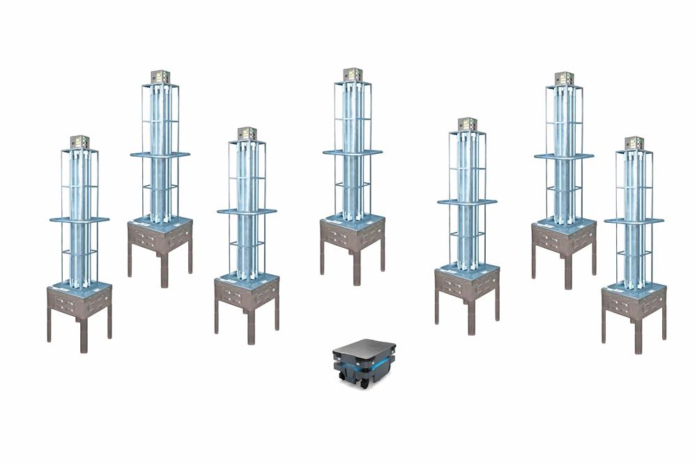 UV Sanitation Robot Kit - Kills 99% of Viruses - (1) Robot Base, (7) 304 SS, Battery-powered UVC Carts - Charge Stations - PuriLite