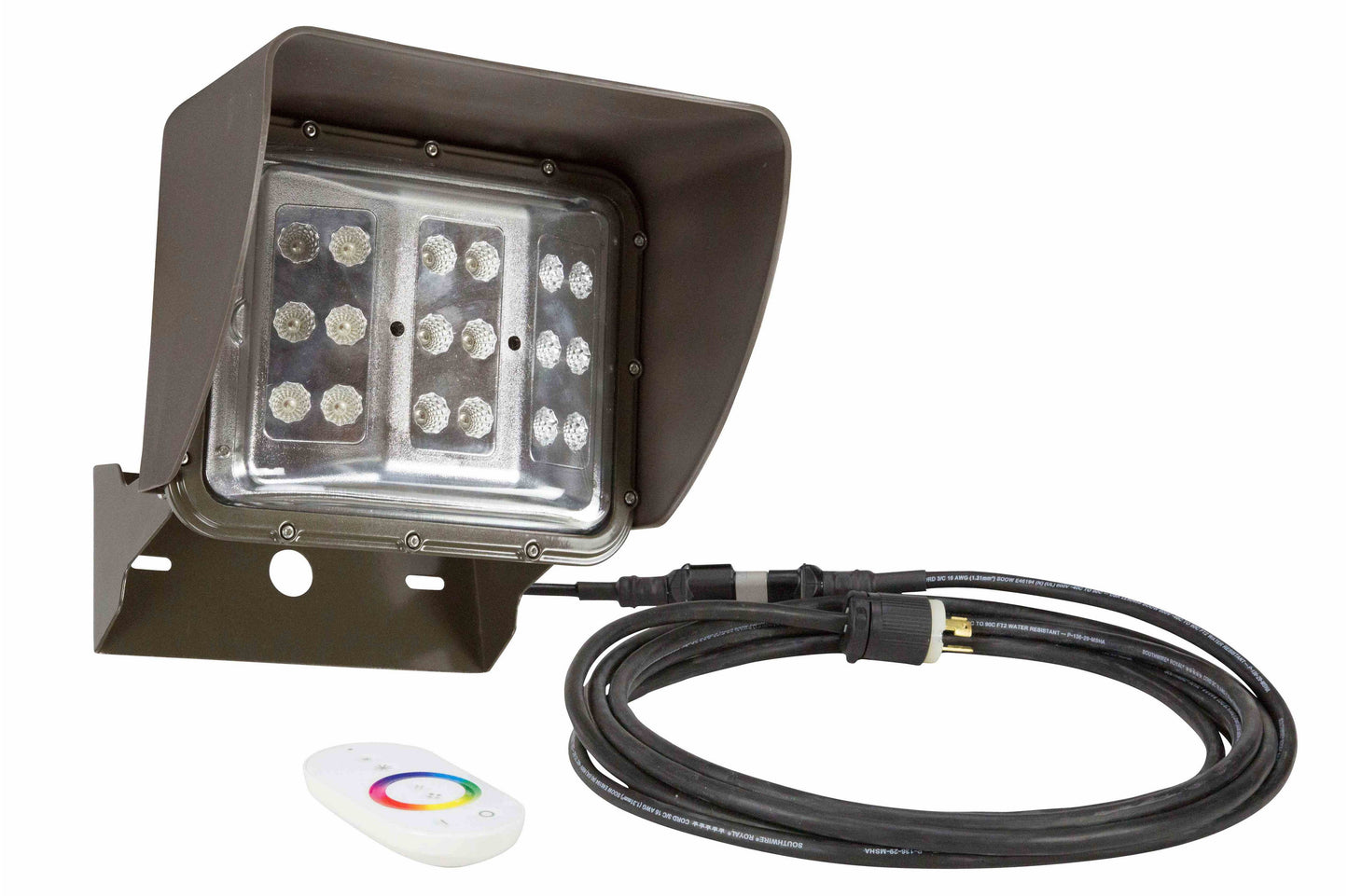 Larson 60 Watt Remote Control Color Changing LED Wall Pack Light - 20' Cord - U-Bracket Mount - Wide Flood - PuriLite