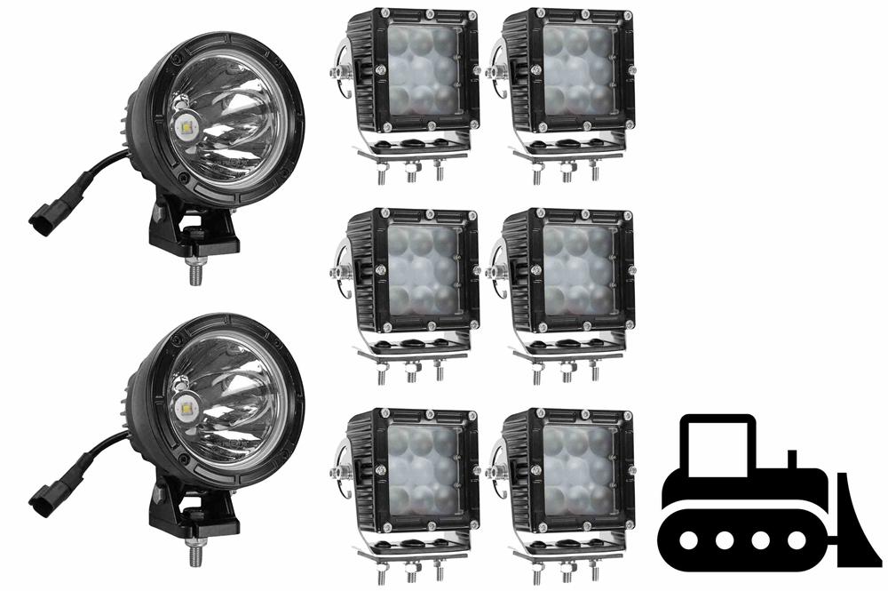 LED Light Package for Caterpillar Cat Challenger 85E Tractor - (6) LEDEQ-3X3-CPR & (2) LED25WRE-CPR - PuriLite