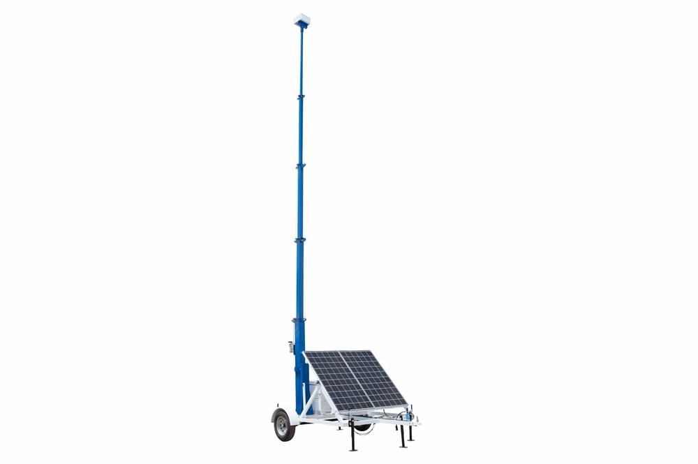 Mobile Communications Solar Tower - 30' Mast - 7.5' Trailer - (1) 300W Solar Panel, (2) 80aH Lion Batteries - (1) Junction Box - PuriLite