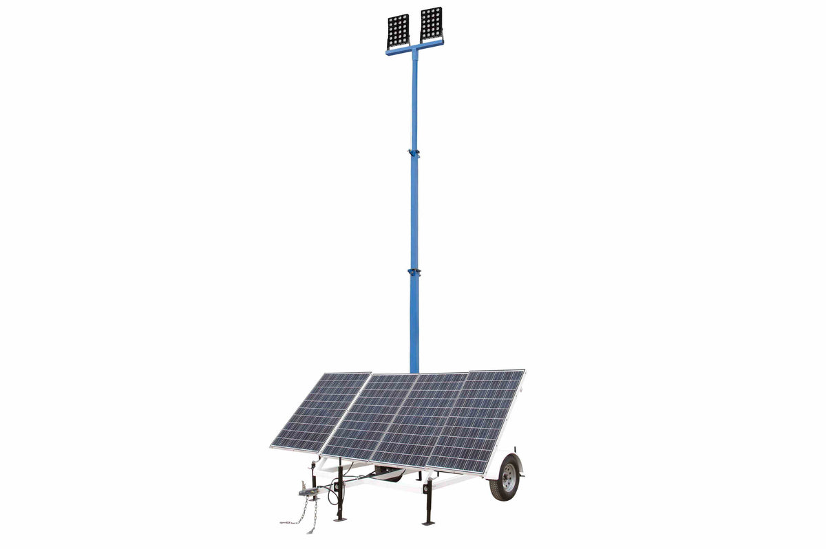 Larson 1060W Solar LED Tower - 30' Mast - (2) 150W Lamps - Timer & Dusk/Dawn - Runflat Tires-1050aH Battery - PuriLite
