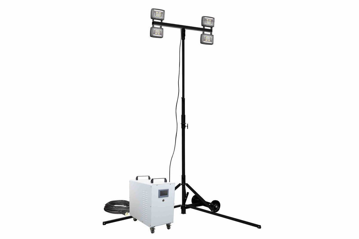 Larson 200W Rechargeable LED Tripod Light - 7' to 12' - (4) Lamps - 4kWh Li-ion Battery - 12+ Hrs Runtime - PuriLite