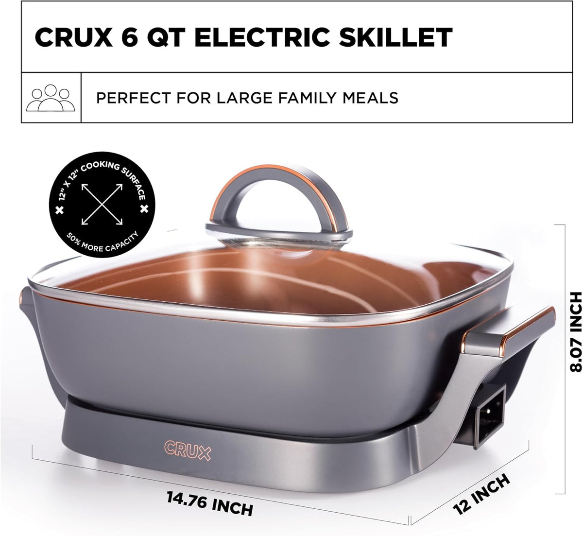 CRUX Extra Deep Nonstick Scratch Resistant Electric Skillet with Removeable Temperature Probe, 12" x 12" - PuriLite