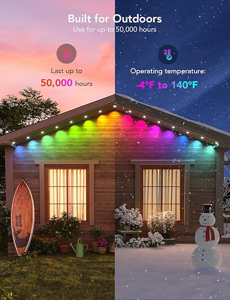 Govee Permanent Outdoor Lights, Smart RGBIC Outdoor Lights with 75 Scene Modes, 50ft with 36 LED Eaves Lights, IP67 Waterproof, for Christmas Decorations, Work with Alexa, Google Assistant - PuriLite