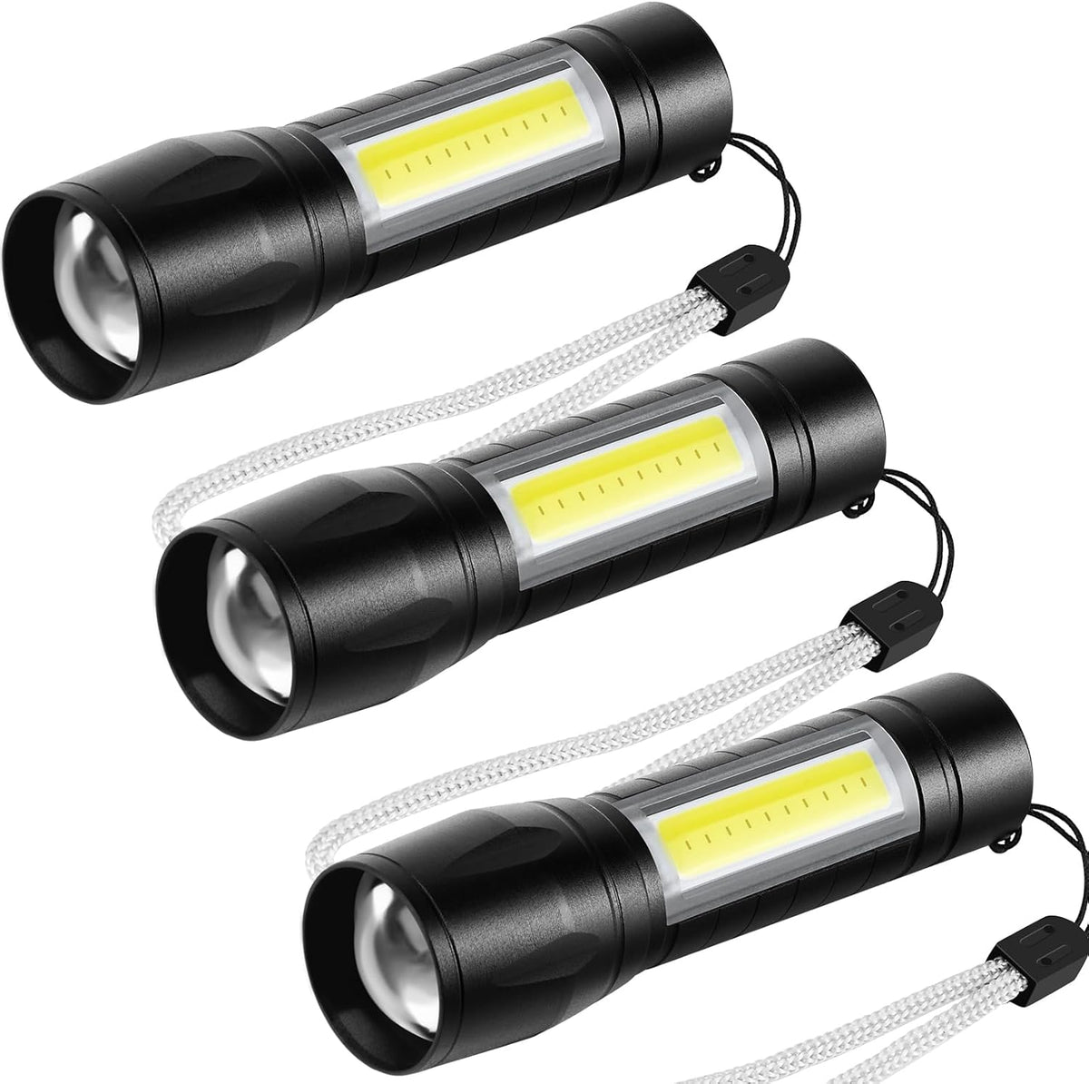 3 Pack Rechargeable Mini LED Flashlight - 3 Modes, Side COB Lamp, Zoomable, Water Resistant, Compact Pocket Size Torch - PuriLite