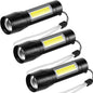 3 Pack Rechargeable Mini LED Flashlight - 3 Modes, Side COB Lamp, Zoomable, Water Resistant, Compact Pocket Size Torch - PuriLite