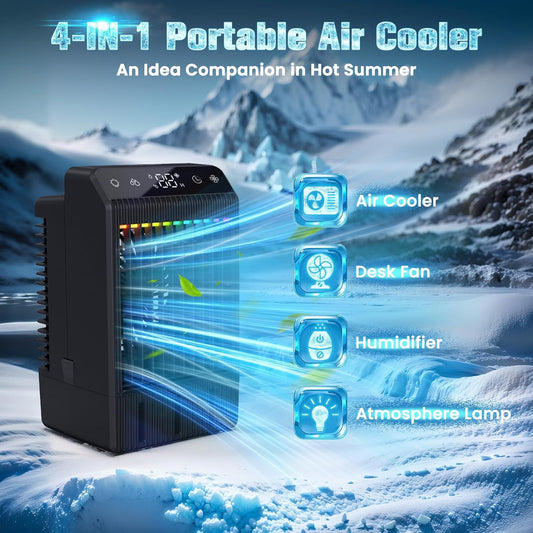Portable Air Conditioner, 2025 Upgraded Evaporative Mini Room Air Conditioners Cooling Fan, 2~12H Timer, Portable AC Unit Air Cooler with 1000ML Water Tank, AC Portable for Room, Office, Car - PuriLite