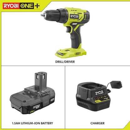 Ryobi P215K 18-Volt ONE+ Lithium-Ion Cordless 1/2 in. Drill/Driver Kit with (1) 1.5 Ah Battery and 18-Volt Charger - PuriLite