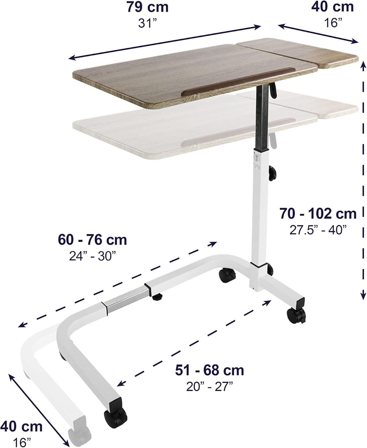 KMINA Overbed Table with Wheels, Hospital Bed Table Adjustable, Medical Bedside, C Shaped, Tilting, Wood, Elderly - PuriLite