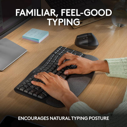Logitech Wave Keys Wireless Ergonomic Keyboard with Cushioned Palm Rest, Comfortable Natural Typing, Easy-Switch, Bluetooth, Logi Bolt Receiver, for Multi-OS, Windows/Mac - Graphite - PuriLite