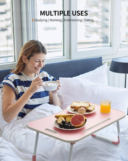 FISYOD Foldable Laptop Table, Portable Lap Desk Bed Table Tray, Laptop Stand with Cup Holder & Tablet Slot & Lifting Handle for Working Writing Drawing & Eating (Pink) - PuriLite