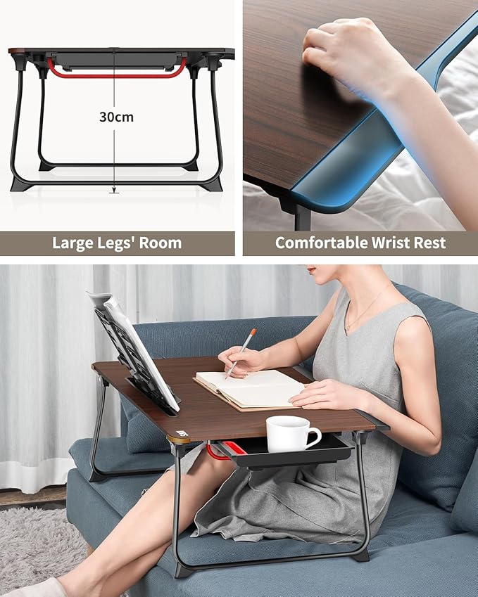 Laptop Desk for Bed, SAIJI XX-Large Foldable Bed Tray Table for Eating Breakfast, Writing, Working, Gaming, Drawing with Storage Drawer, Handrest Bookstand, Tablet Stand, Phone Stand(Black Cherry) - PuriLite