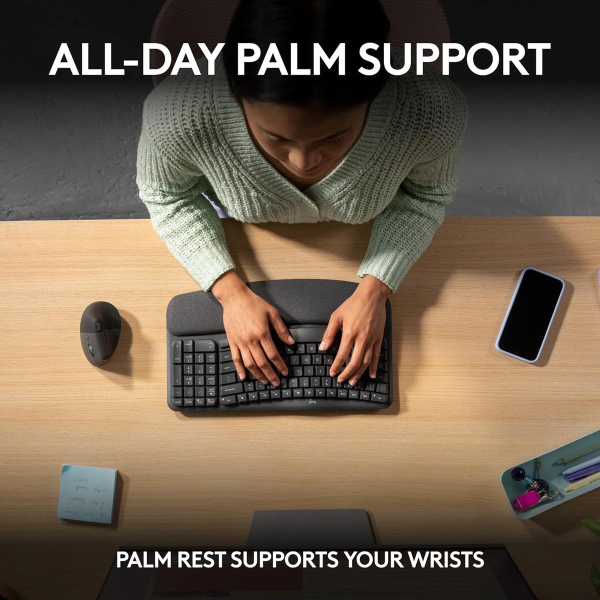 Logitech Wave Keys Wireless Ergonomic Keyboard with Cushioned Palm Rest, Comfortable Natural Typing, Easy-Switch, Bluetooth, Logi Bolt Receiver, for Multi-OS, Windows/Mac - Graphite - PuriLite