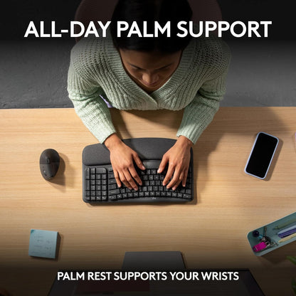 Logitech Wave Keys Wireless Ergonomic Keyboard with Cushioned Palm Rest, Comfortable Natural Typing, Easy-Switch, Bluetooth, Logi Bolt Receiver, for Multi-OS, Windows/Mac - Graphite - PuriLite