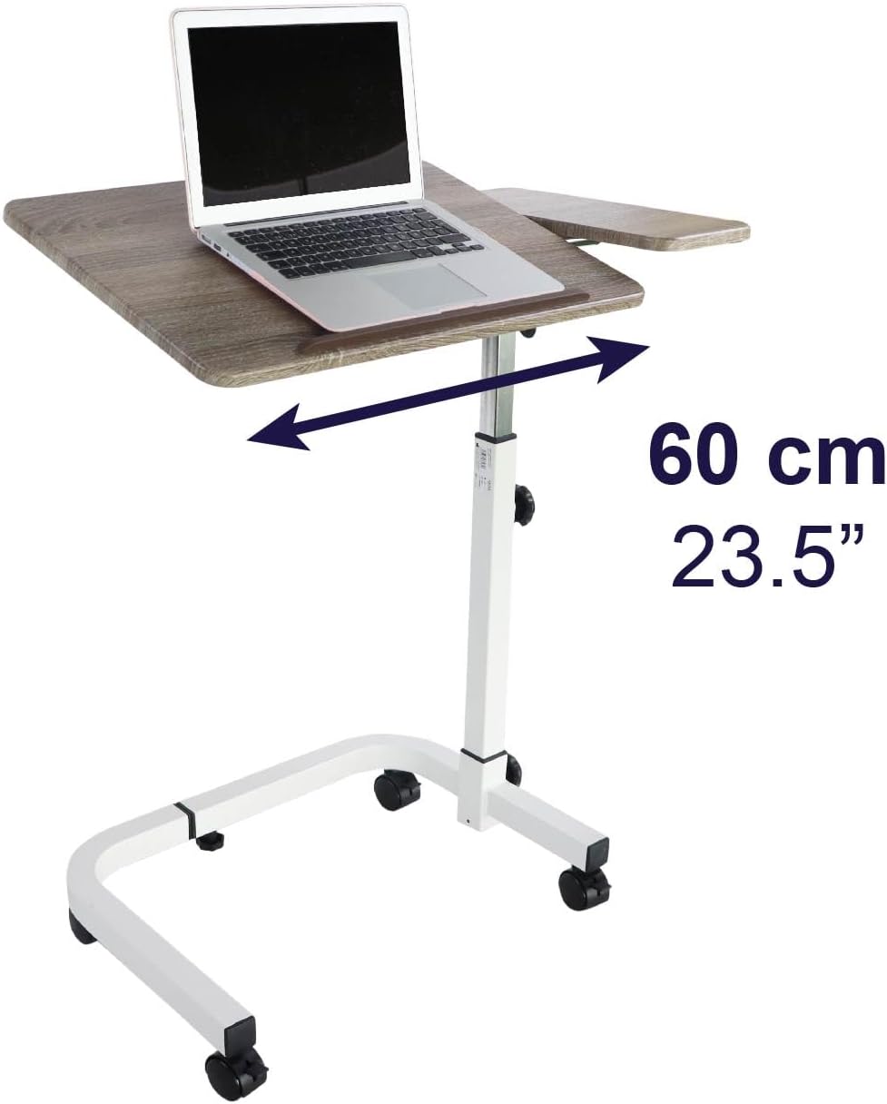 KMINA Overbed Table with Wheels, Hospital Bed Table Adjustable, Medical Bedside, C Shaped, Tilting, Wood, Elderly - PuriLite