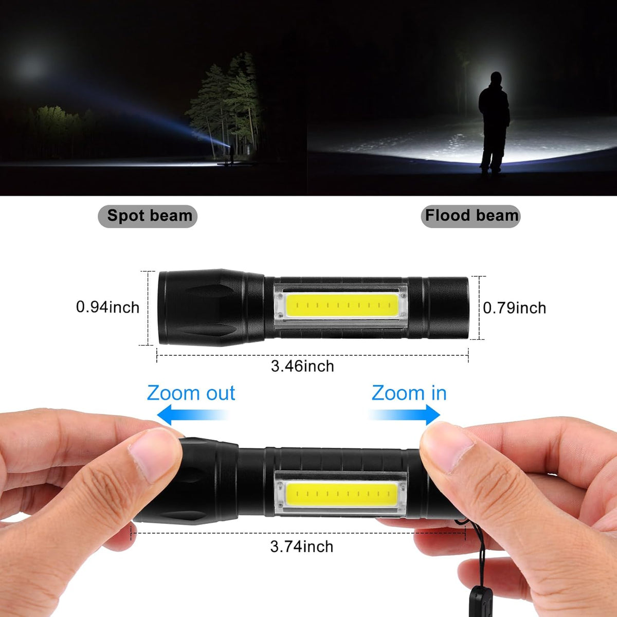 3 Pack Rechargeable Mini LED Flashlight - 3 Modes, Side COB Lamp, Zoomable, Water Resistant, Compact Pocket Size Torch - PuriLite
