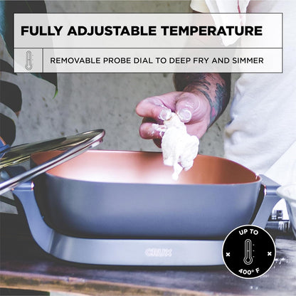 CRUX Extra Deep Nonstick Scratch Resistant Electric Skillet with Removeable Temperature Probe, 12" x 12" - PuriLite