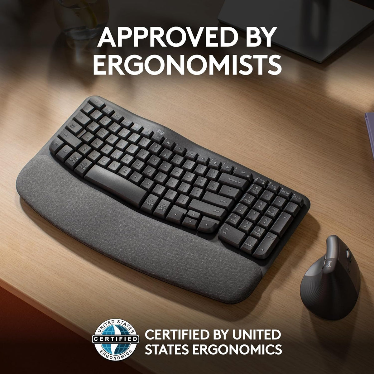 Logitech Wave Keys Wireless Ergonomic Keyboard with Cushioned Palm Rest, Comfortable Natural Typing, Easy-Switch, Bluetooth, Logi Bolt Receiver, for Multi-OS, Windows/Mac - Graphite - PuriLite