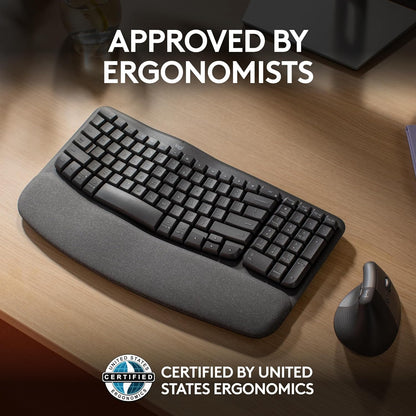 Logitech Wave Keys Wireless Ergonomic Keyboard with Cushioned Palm Rest, Comfortable Natural Typing, Easy-Switch, Bluetooth, Logi Bolt Receiver, for Multi-OS, Windows/Mac - Graphite - PuriLite