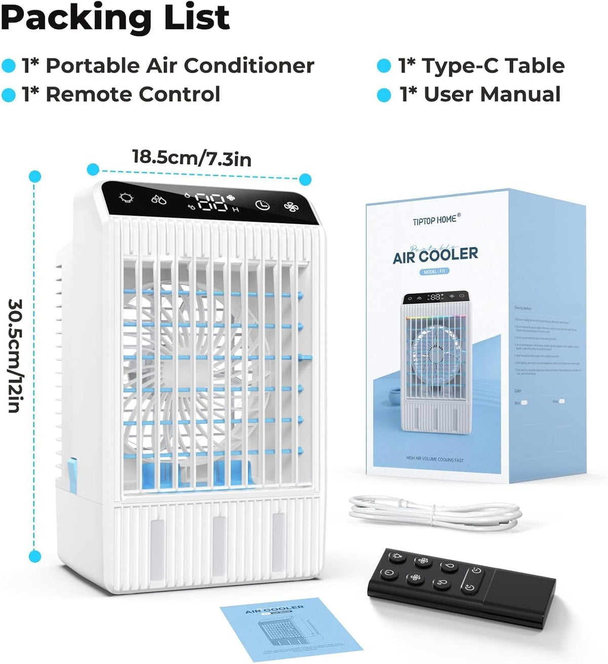 Portable Air Conditioners with Display, 1000ml Mini Air Conditioner 4-in-1 Air Cooler Remote Humidifier Mini AC with Dual Spray & 7 Colors Light, 4 Speeds Timing Personal Air Conditioner Cooling Fan - PuriLite