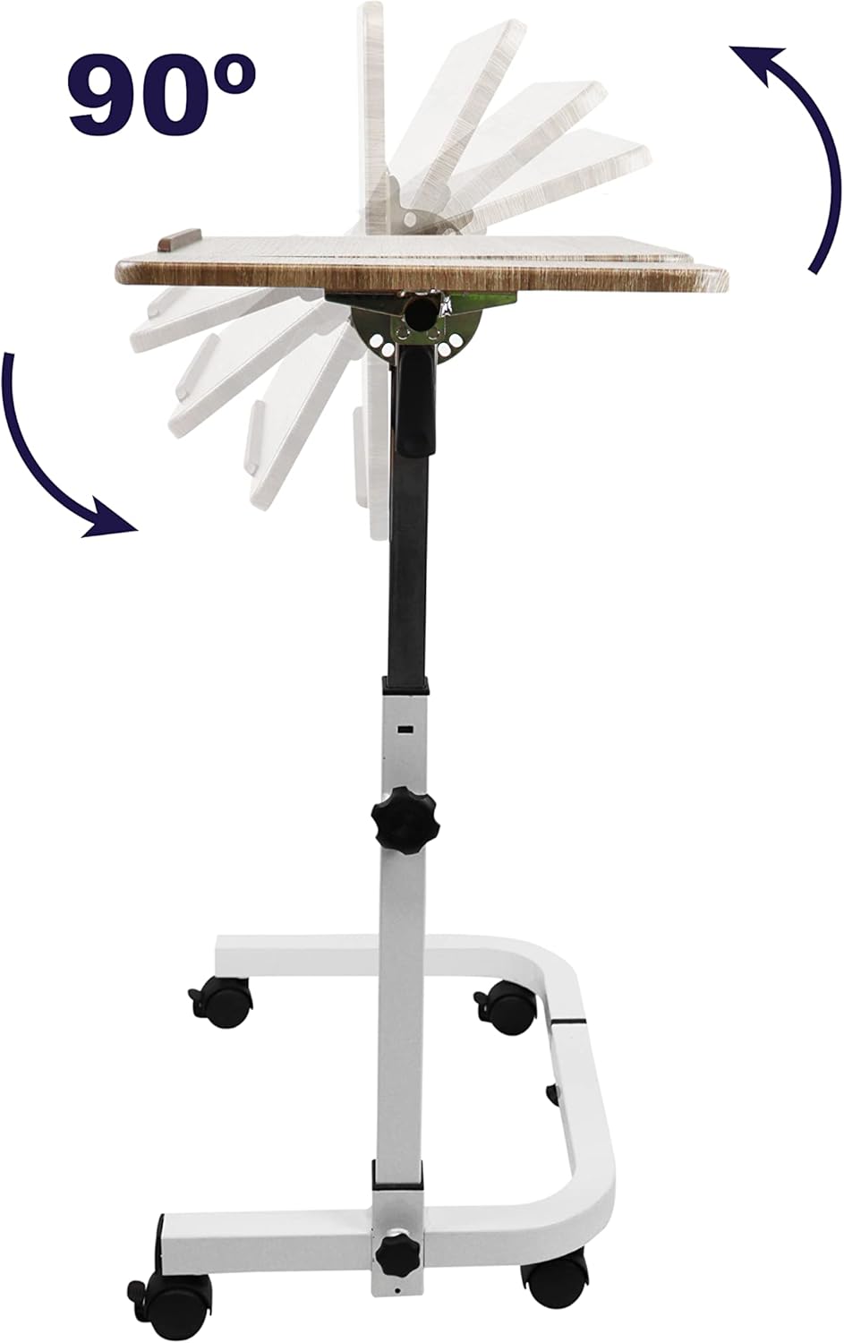 KMINA Overbed Table with Wheels, Hospital Bed Table Adjustable, Medical Bedside, C Shaped, Tilting, Wood, Elderly - PuriLite
