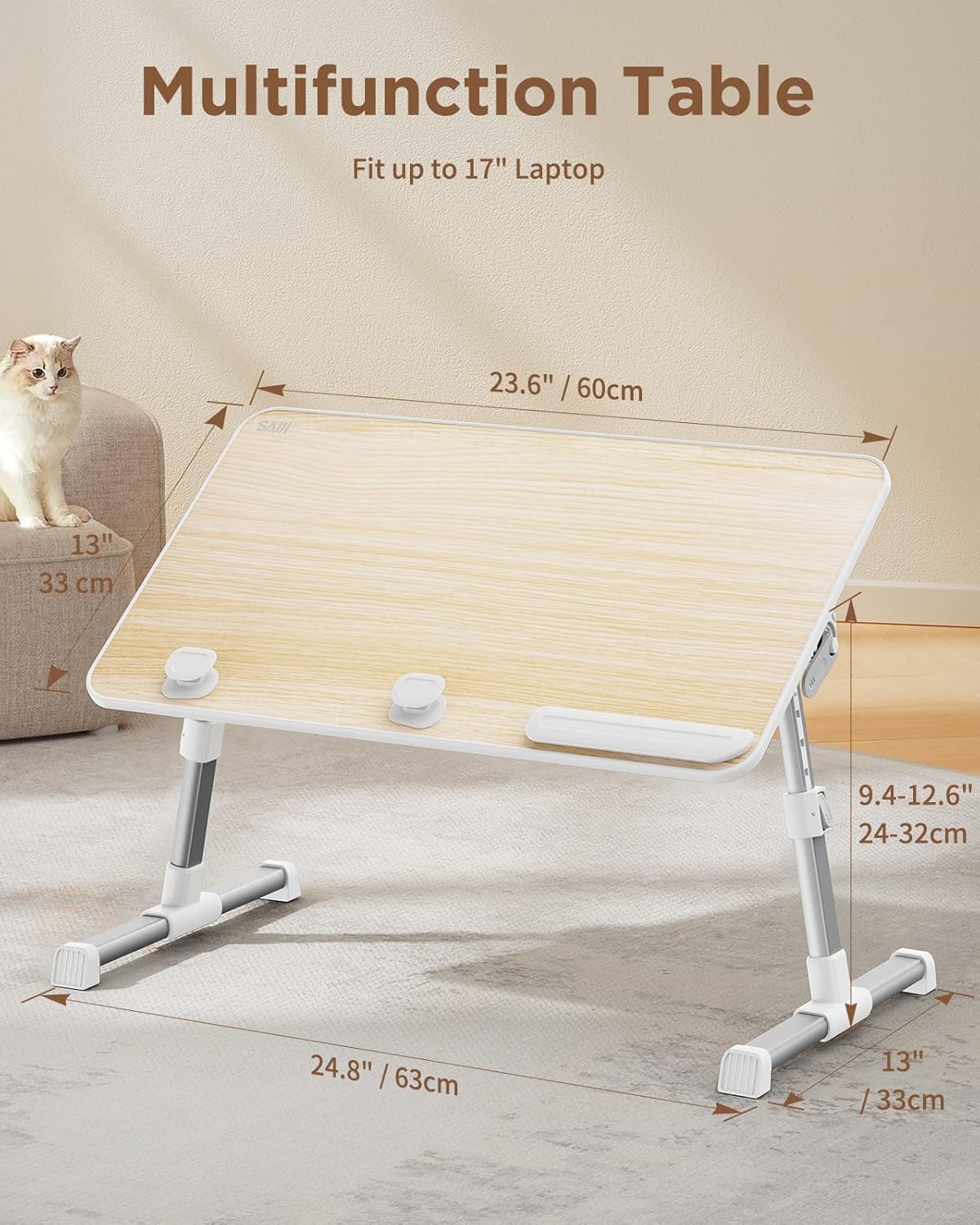 SAIJI Laptop Bed Tray Table, Adjustable Home Office Standing Desk Portable Lightweight Foldable Lap Desk for Sofa Couch Floor Working Studying Reading Writing Eating,Fit Up to 17" Laptop(Large,Teak) - PuriLite
