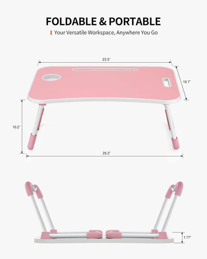 FISYOD Foldable Laptop Table, Portable Lap Desk Bed Table Tray, Laptop Stand with Cup Holder & Tablet Slot & Lifting Handle for Working Writing Drawing & Eating (Pink) - PuriLite