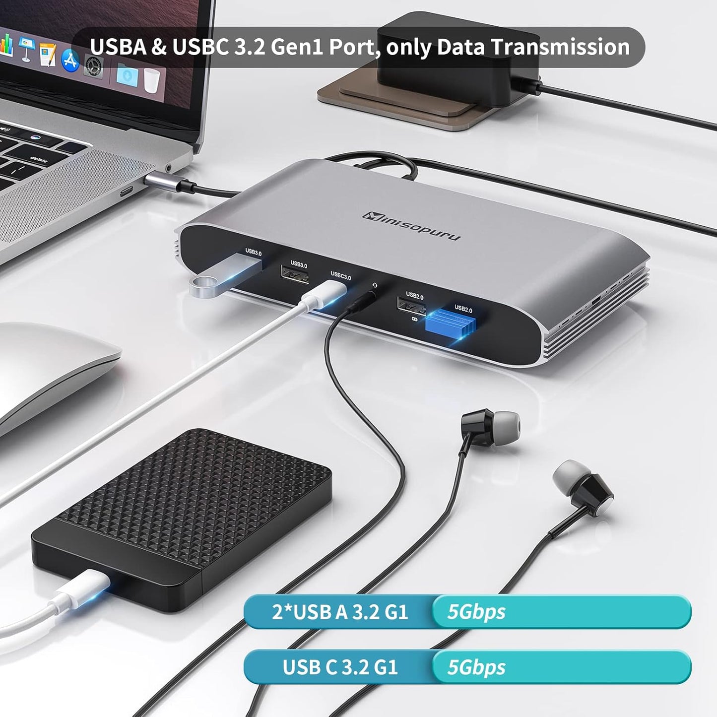 Minisopuru DisplayLink Docking Station,Triple Display Docking Station for MacBook M4/M3/M2/M1/Windows with 2 HDMI & 2 DisplayPort,100W PD Charge, USB-C Data, RJ45, Audio,USBA Ports Charging for Phone - PuriLite