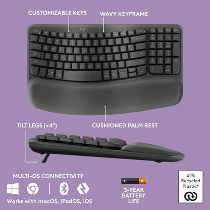 Logitech Wave Keys Wireless Ergonomic Keyboard with Cushioned Palm Rest, Comfortable Natural Typing, Easy-Switch, Bluetooth, Logi Bolt Receiver, for Multi-OS, Windows/Mac - Graphite - PuriLite
