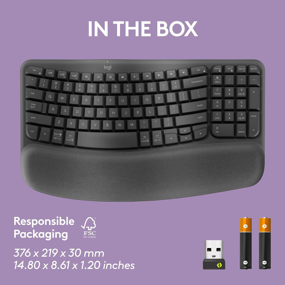 Logitech Wave Keys Wireless Ergonomic Keyboard with Cushioned Palm Rest, Comfortable Natural Typing, Easy-Switch, Bluetooth, Logi Bolt Receiver, for Multi-OS, Windows/Mac - Graphite - PuriLite