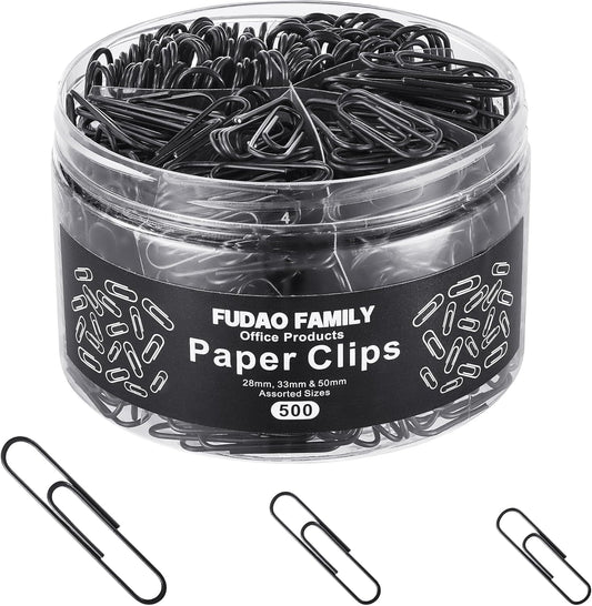 FUDAO FAMILY 500pcs Paper Clips Assorted Sizes, Small, Medium and Large（1.1inch, 1.3inch and 2inch) Paper Clips, Vinyl Coated Paperclips for Office, School, Home Supplies (Black) - PuriLite