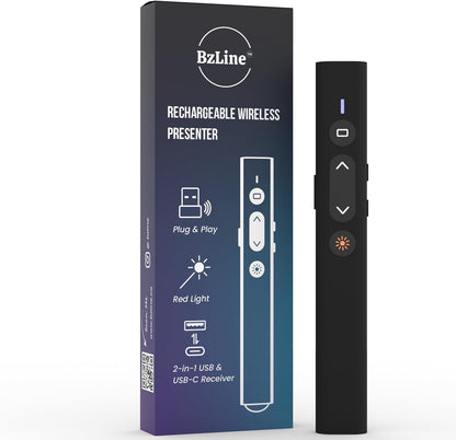 BzLine [Rechargeable] Presentation Clicker and Laser Pointer | Slide Advancer for Powerpoint, Google Slides | Long Range, USB & USB-C | Compatible with Mac/Windows | Volume Control - Built-in Battery - PuriLite