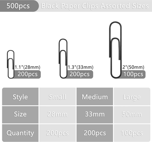 FUDAO FAMILY 500pcs Paper Clips Assorted Sizes, Small, Medium and Large（1.1inch, 1.3inch and 2inch) Paper Clips, Vinyl Coated Paperclips for Office, School, Home Supplies (Black) - PuriLite