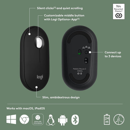 Logitech Pebble Mouse 2 M350s Slim Bluetooth Wireless Mouse, Portable, Lightweight, Customizable Button, Quiet Clicks, Easy-Switch for Windows, macOS, iPadOS, Android, Chrome OS - Black - PuriLite