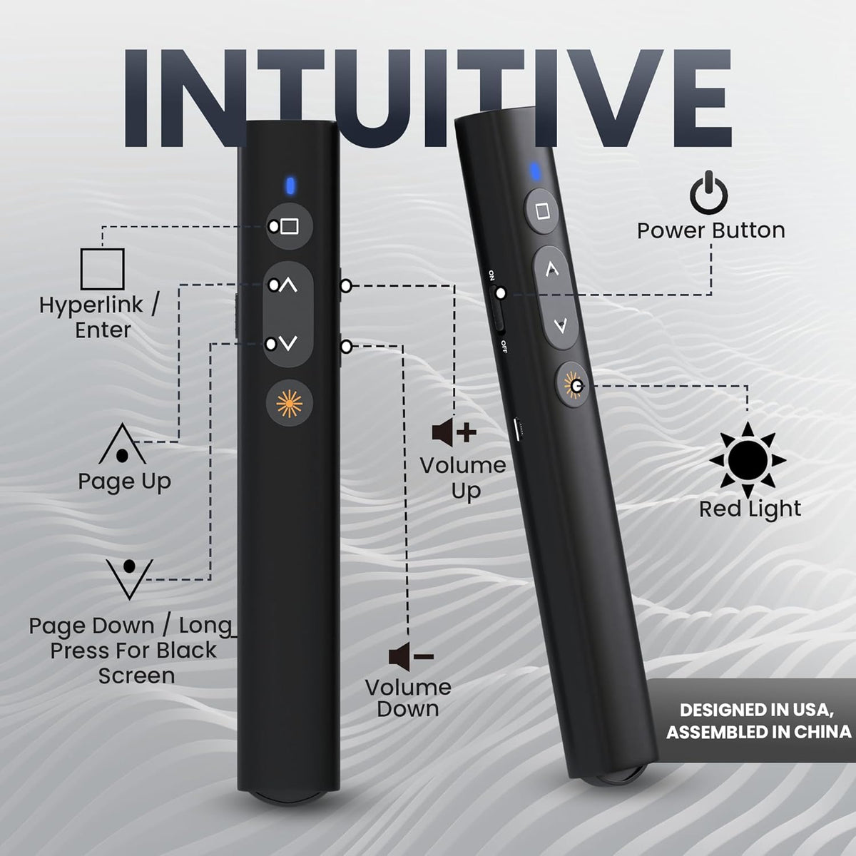 BzLine [Rechargeable] Presentation Clicker and Laser Pointer | Slide Advancer for Powerpoint, Google Slides | Long Range, USB & USB-C | Compatible with Mac/Windows | Volume Control - Built-in Battery - PuriLite
