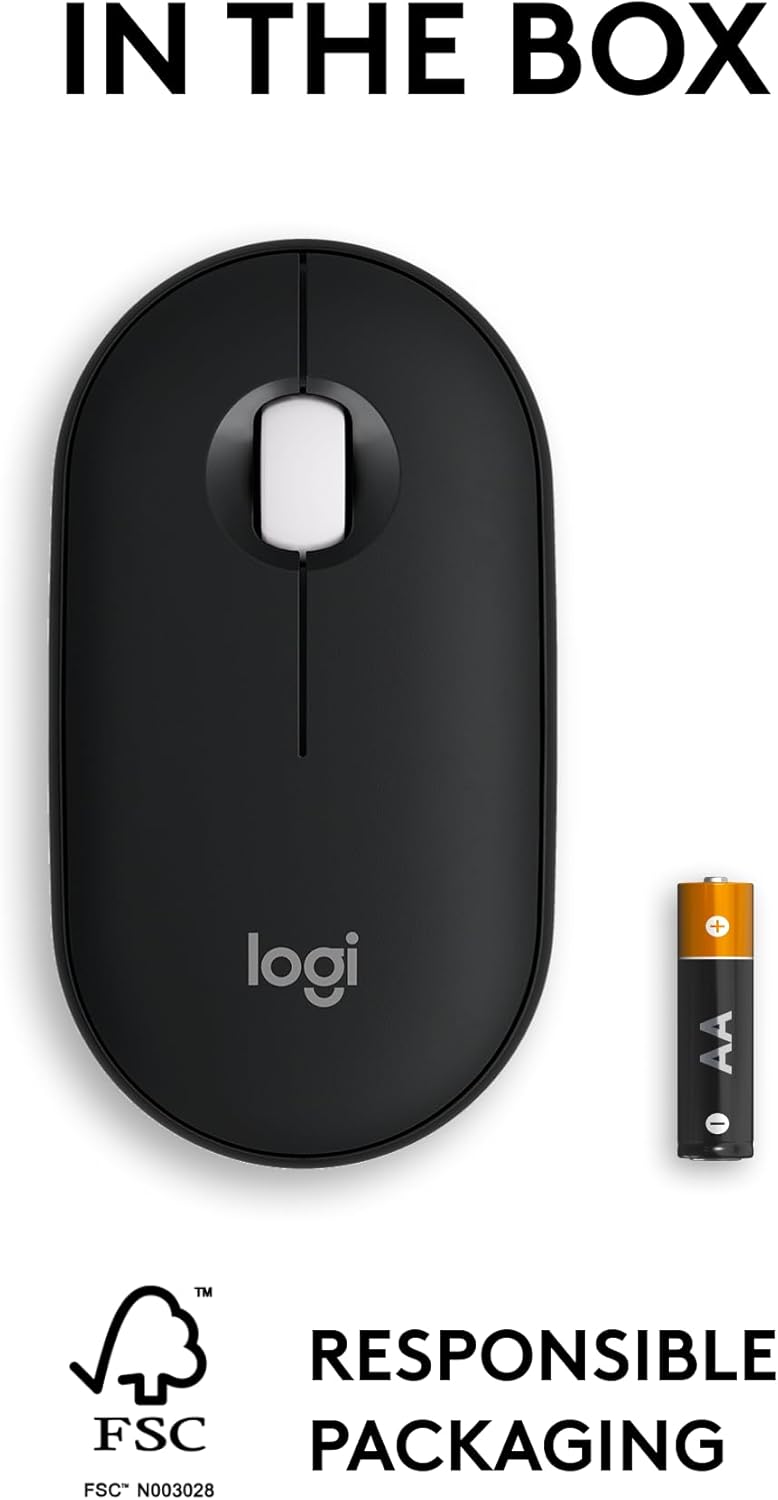 Logitech Pebble Mouse 2 M350s Slim Bluetooth Wireless Mouse, Portable, Lightweight, Customizable Button, Quiet Clicks, Easy-Switch for Windows, macOS, iPadOS, Android, Chrome OS - Black - PuriLite