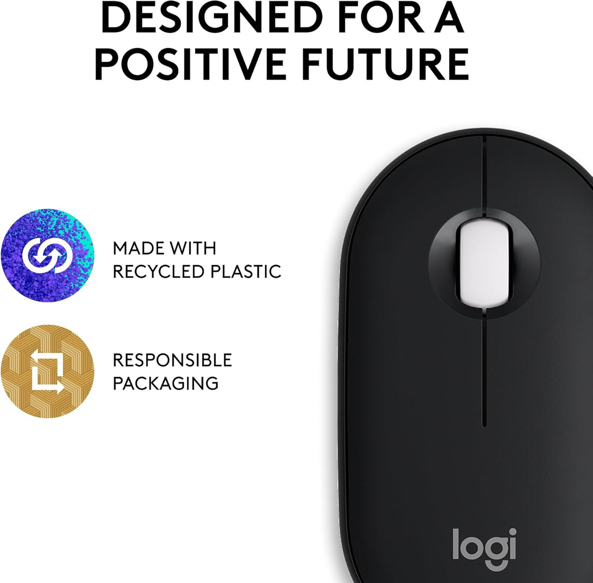 Logitech Pebble Mouse 2 M350s Slim Bluetooth Wireless Mouse, Portable, Lightweight, Customizable Button, Quiet Clicks, Easy-Switch for Windows, macOS, iPadOS, Android, Chrome OS - Black - PuriLite